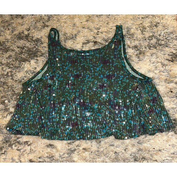 Vintage Free People Womens Oversized S Tank Sequins Crop Swing Blue Barbiecore - Picture 5 of 6